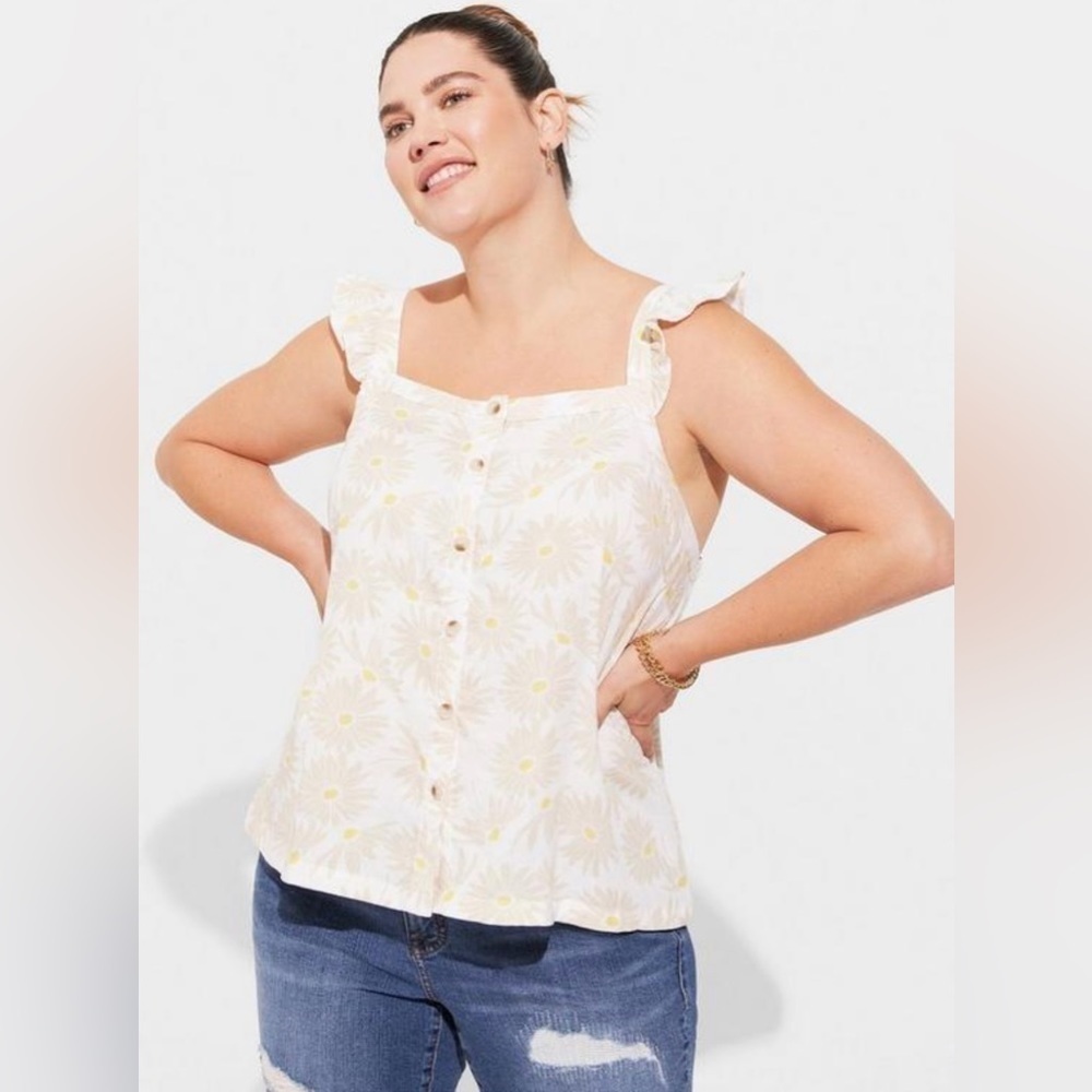 Torrid Double Gauze Ruffle Button Front Tank Top- Daisy Daisy Daydream‎ NWT Sz 1